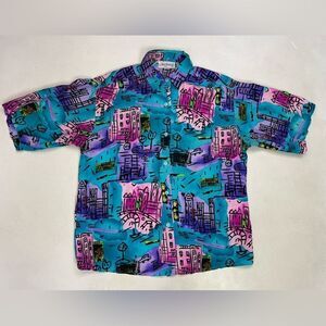 VINTAGE Adam Douglass All Over Print Silk Shirt Women Large Multicolor 90s